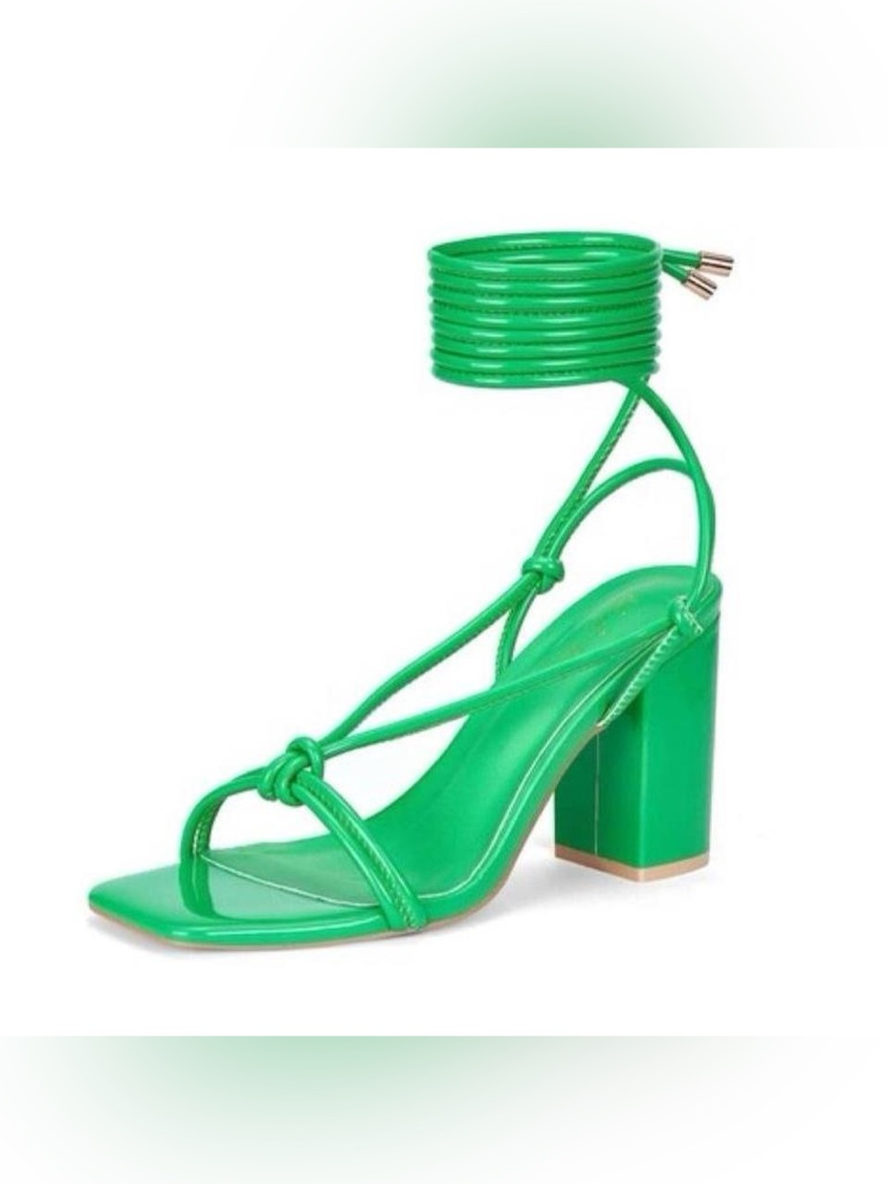 Women’s Green Lace Up Chunky Heel Sandals Square Toe Wrap Around Strappy Heels S